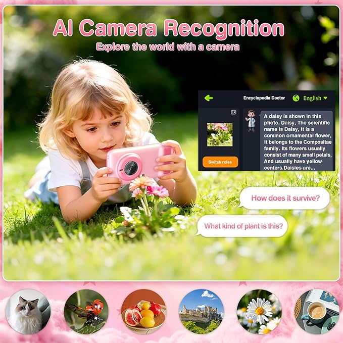 AI Digital Camera for Kids with WiFi, Photo Recognition & Voice Dialogue, 4" Touch Screen AI Kids Smart Camera with Dual Lens, Portable Learning Toy, Christmas Birthday Gift for Ages 3-15 (Pink)