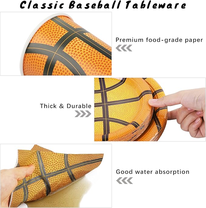 durony 144 Pieces Basketball Paper Plates and Napkins Dinnerware Kits Basketball Birthday Party Decorations Tableware Set Includes Paper Plates Napkins Forks Serve 24 for Sports Theme Party Supplies