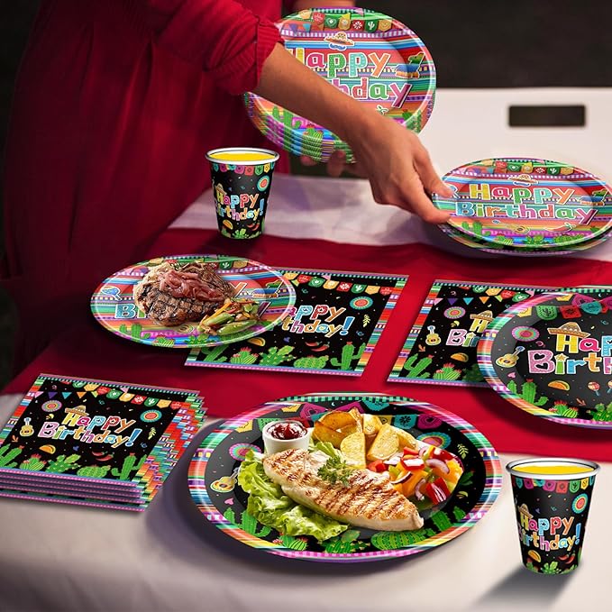 Mexican Fiesta Party Supplies Tableware Set Mexican Cinco De Mayo Themed Tableware with Paper Plates Napkins Cups Tablecloth Banner for Mexican Fiesta Party Decorations, Serves 24