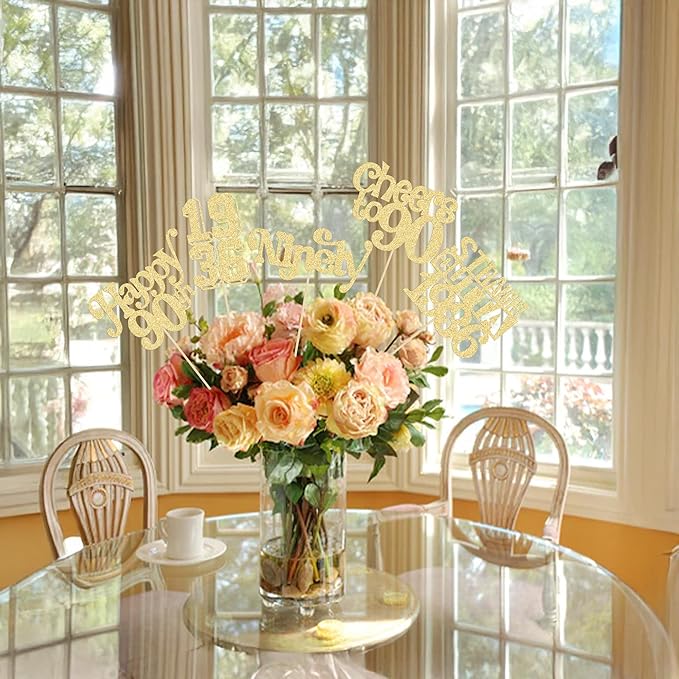 Gyufise 15Pcs Happy 90th Birthday Centerpiece Sticks Ninety Straight Outta 1936 Table Flower Centerpieces Sticks Cheers to 90 Decorations for 90th Birthday Party Supplies Gold