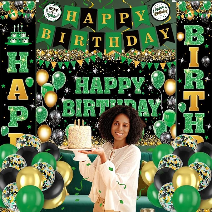 48Pcs Green and Black Birthday Decorations Black Green Gold Happy Birthday Party Supplies Happy Birthday Banner Backdrop Balloons Hanging Swirls for Women Men Boy Girls Birthday St. Patrick Day Party