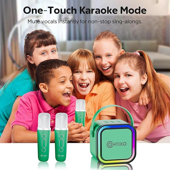 Contixo KS1 Mini Karaoke Machine for Kids, Portable Bluetooth Speaker with 2 Wireless Microphones & Dynamic Lights for Boys & Girls, Home Party Entertainment Toy (Green)
