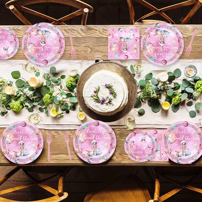 51 Pcs First Trip Around The Sun Birthday Party Supplies Pink Outer Space Tablecloth Paper Dinner Plates Napkins Forks Dinnerware for Space Theme Baby Shower Girls 1st Birthday Party Decorations