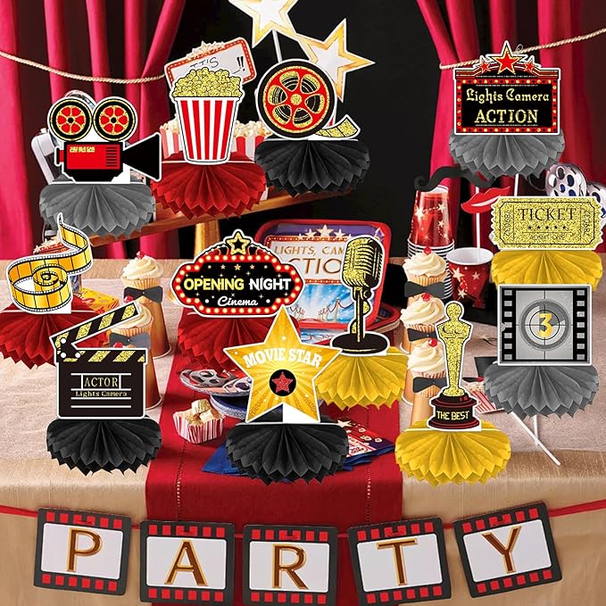 12 Pieces Movie Night Party Decorations Movie Birthday Honeycomb Centerpiece, Party Supplies Decor Microphone Ticket Table Decoration for Theater Birthday Women Men The Kids' Boys Girls