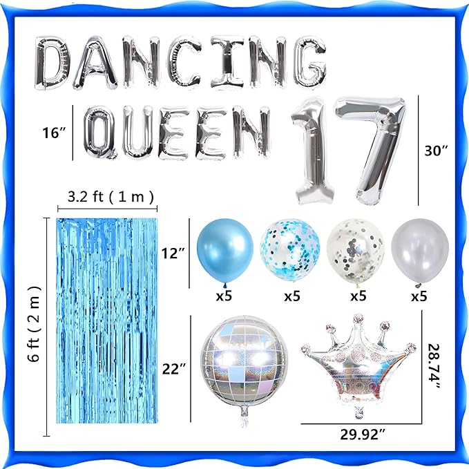 37 PCS Dancing Queen 17 Balloons Dancing Queen Mamma Mia Party Decorations 17 Birthday Party Decoration Sliver Blue 17 Birthday Decoration Mamma Mia Party Supplies