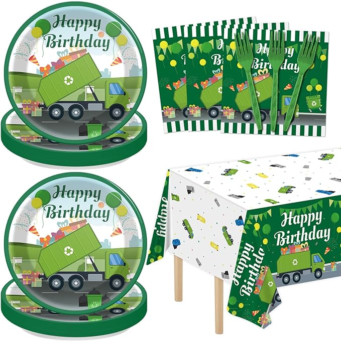 61 Pcs Garbage Truck Birthday Decorations Green Trash Party Tableware Rubbish Recycling Themed Supplies Plates Napkins Tablecloth for Birthday Parties Waste Management Celebrations Serves 20 Guests