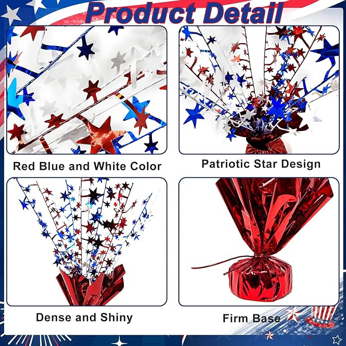 6 Pack 4th of July Table Centerpiece Decoration Metallic Foil Spray Star Burst Patriotic Decoration Independence Day Labor Day Veteran Day Memorial Day Party Supplies, Red White and Blue