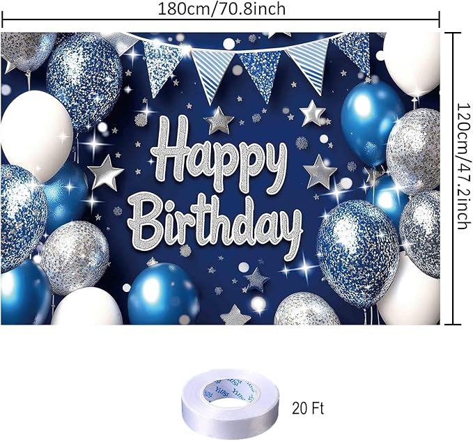 Blue Silver Birthday Party Backdrop Blue Silver Balloon Star Happy Birthday Banner Photography Background for Men Home Decorations Party Supplies 70.8 x 47.2 Inch