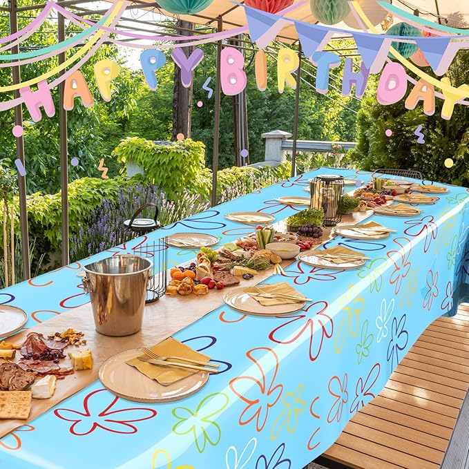 Oudain 2 Sheets Sponge Birthday Party Supplies Blue Ocean Flower Tablecloth 54 x 108 Inch Plastic Table Covers for Birthday Party Decorations