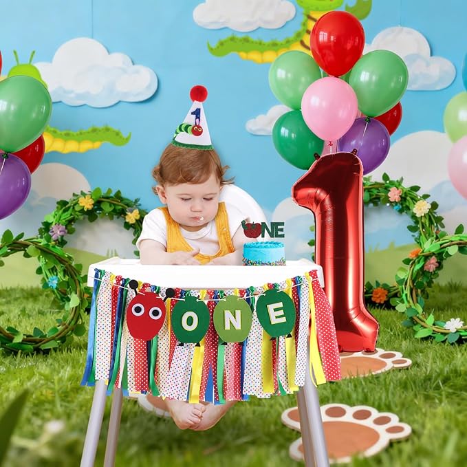 Hungry Caterpillar Highchair Banner for Baby First Birthday Party Decorations Green One Caterpillar High Chair Tassel Garland for Boys Girls Fruit 1st Birthday Photo Props Backdrop Decors