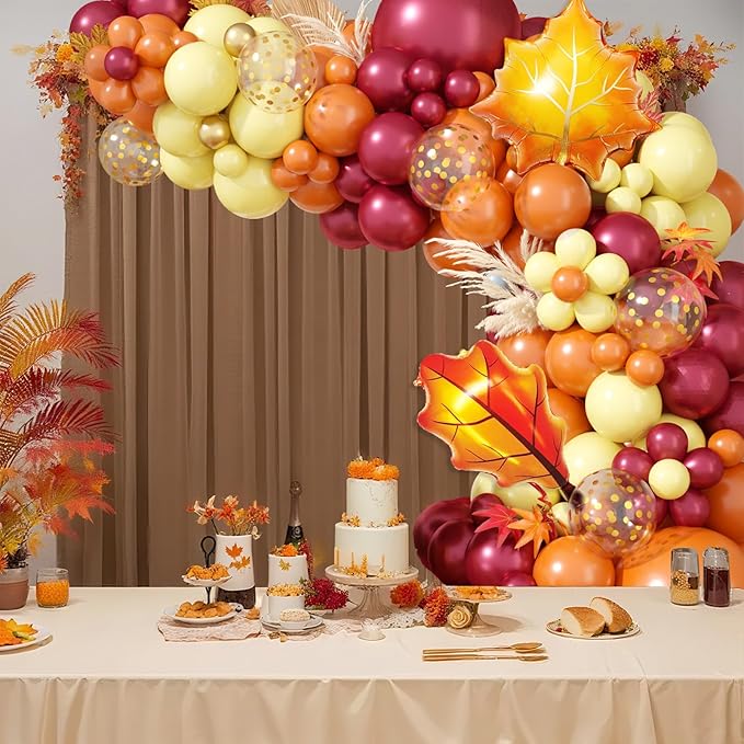 Fall Balloon Arch Kit, Thanksgiving Balloon Garland with Wine Red Orange Pastel Yellow Balloons with Leaf Foil Balloons for Thanksgiving Autumn Fall Birthday Baby Shower Party Decorations