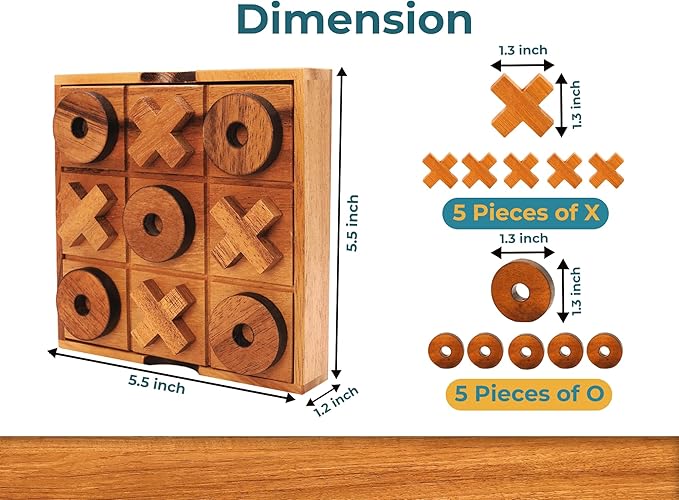 BSIRI Wooden Tic Tac Toe Game Coffee Tabletop XO Blocks Ideal for Family Living Room Games Night for Adults for Desk Decor and Unique Wood Gifts for All Occasions 5.5 Inch