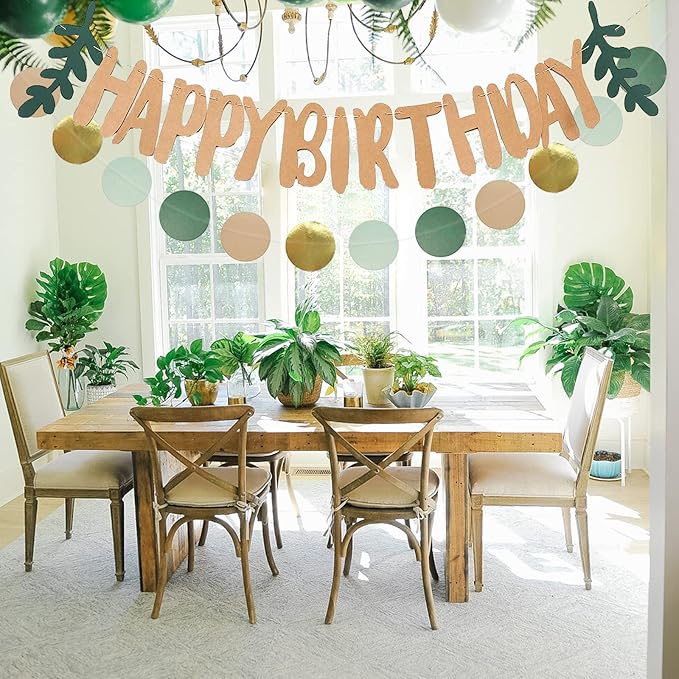 Zwiebeco Dark Green Gold Happy Birthday Party Decoration Brown Banner Bunting Circle Dots Garland Hanging Paper Kit for Kids Adults Forest Wild One Safari Theme Accessories Supplies