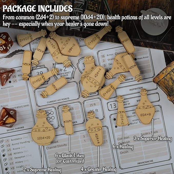 Healing Potion Tokens Set of 21 Wood Laser Cut and Etched DND Accessories for Dungeons and Dragons 5th Edition