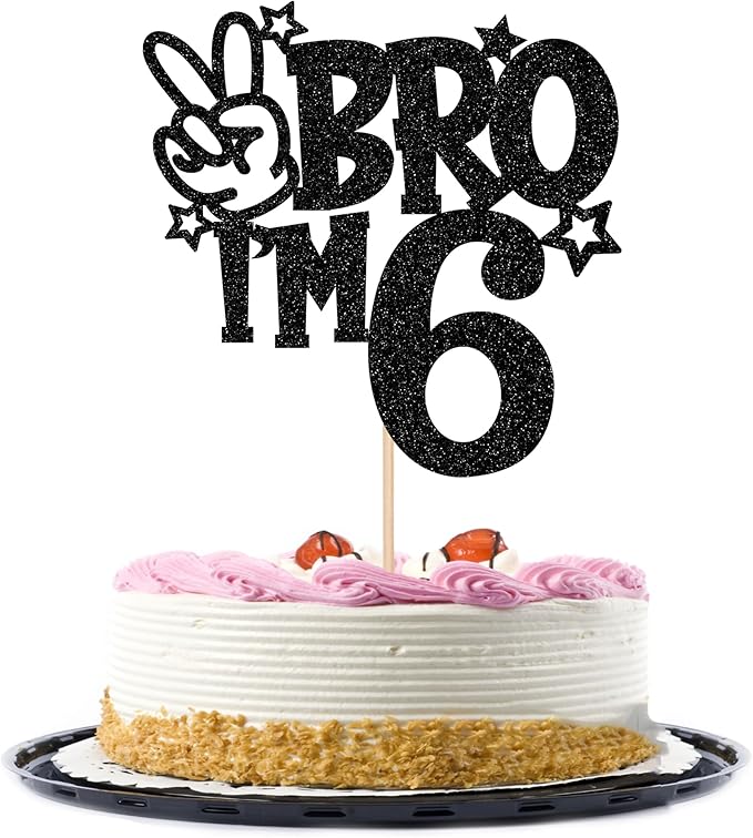 1 PCS Brother I'm 6 Cake Topper Glitter Star Happy 6th Birthday Cake Pick Bro I'm 6 Cake Decoration It's My 6th Birthday Decorations for Boys Cheers to 6 Years Old Birthday Party Supplies Black