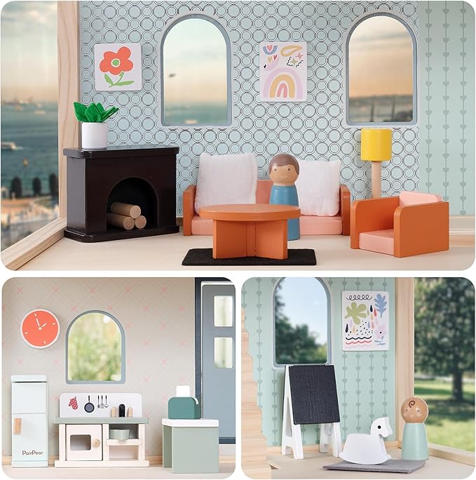 PairPear Wooden Dollhouse Furniture Set – 56-Piece Modern Family Home with 5 Rooms, Solid Wood Dollhouse Furniture for Kids, Montessori-Inspired Pretend Play Toy, Ages 3+