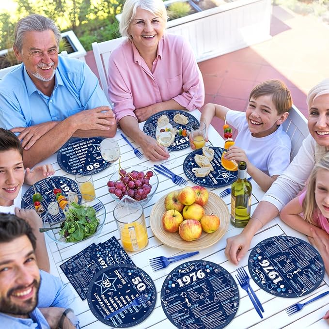 96Pcs 50th Birthday Party Paper Plates and Napkins 50th Birthday Supplies for Men and Women Disposable Dessert Plates Back in 1976 Blue Silver Tableware 1976 Birthday Gatherings Decorations