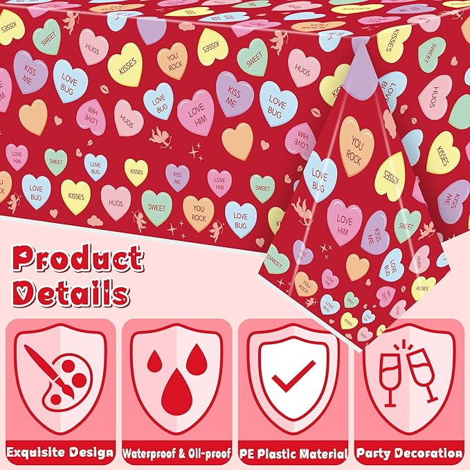 Valentine’s Day Table Cover - 3 Packs Valentine’s Day Themed Waterproof Disposable Plastic Tablecloth Rectangle Table Cloths School Holiday Party Favors Classroom Decoration Supplies Banner