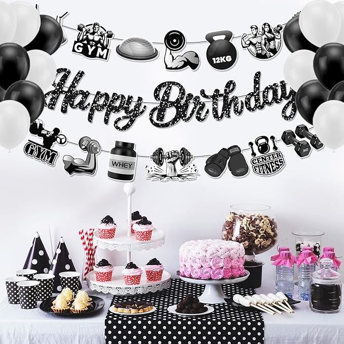 CC HOME 3Pcs Gym Happy Birthday Banner Barbell Boxing gloves Party Hanging Banner Fitness Theme Birthday Bridal Wedding Baby Shower Boys Girls Kids Home Classroom Party Supplies Decorations