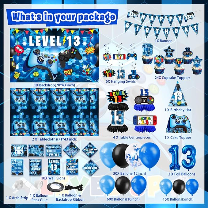13th Birthday Decorations for Boys, 150Pcs Blue Video Game level 13 Party Supplies for Boy 13th Birthday - Backdrop, Banner, Balloons, Tablecloth, Centerpieces, Hanging Swirls, Wall Signs