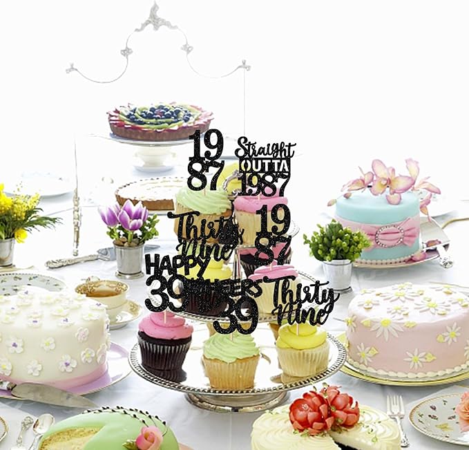 30PCS Black 39th Birthday Cupcake Toppers Glitter Thirty Nine Happy 39th Straight Outta 1987 Cupcake Picks for Cheers to 39 Years Birthday Wedding Anniversary Party Cake Decorations Supplies
