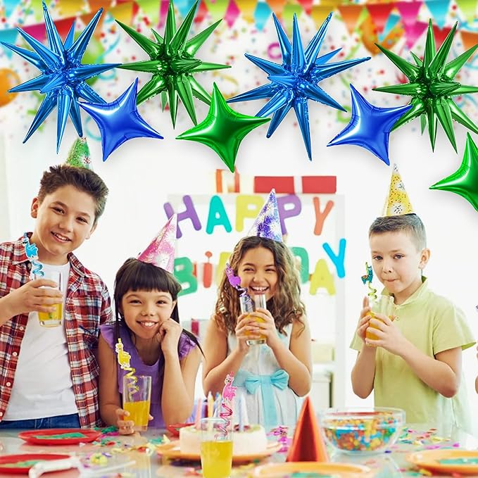 TONIFUL 18Pcs 22Inch Blue Green Large Explosion Star Mylar Balloons and 10Inch Four Pointed Star Balloons Set for Christmas New Year Birthday Wedding Bridal Shower Anniversary Photo Booth Supplies