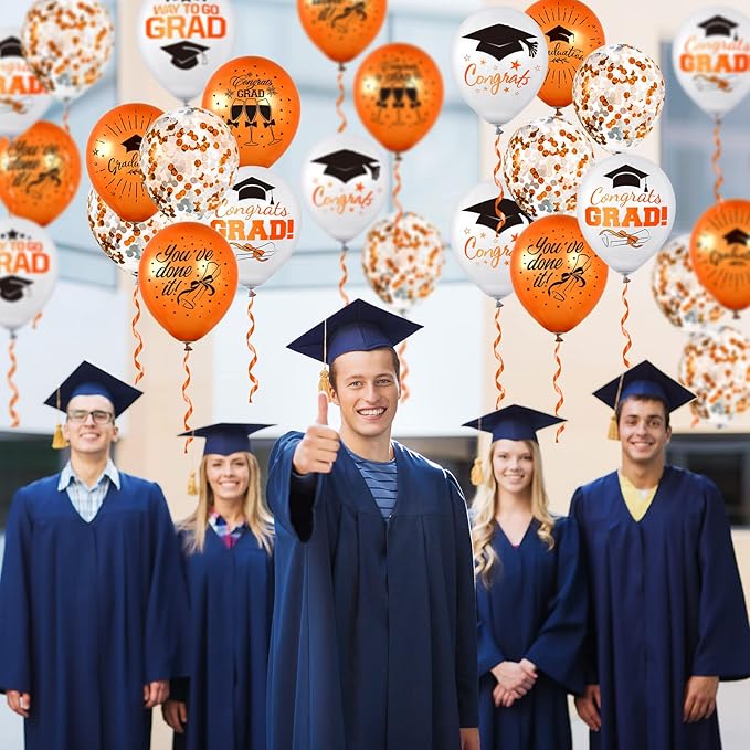 Whaline 60Pcs Graduation Party Balloon Set 7 Designs Orange White Confetti Latex Balloon with 2 Rolls Ribbon Grad Cap Congrats Grad Balloon for Graduation Party Decoration Supplies