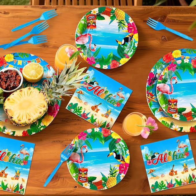 96Pcs Luau Aloha Party Decorations, Hawaiian Birthday Party Supplies Bundle Luau Plates and Napkins, Summer Tropical Birthday Party Decorations Serves 24
