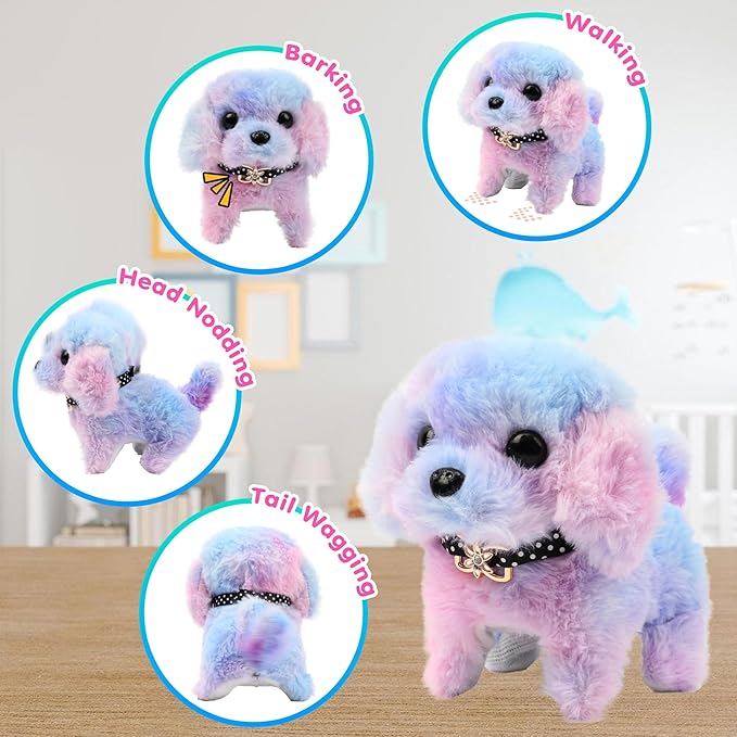 Easfan Walking Puppy Stuffed Animal Interactive Rainbow Dog Barking Tail Wagging Head Nodding Educational Plush Toy Easter Christmas Birthday Gifts for Toddlers Kids Girls, 7"