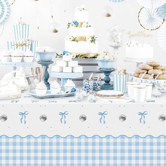 Blue Bow Party Tablecloths - 3Pcs Watercolor Blue Bow Birthday Table Cover, Disposable Plastic Rectangular Table Cloth Party Decorations for Birthday Baby Shower Wedding Supplies