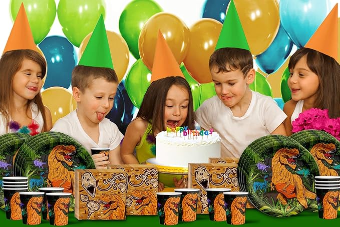 Roaring Dino Jurassic T-Rex Dinosaur Birthday Party Supplies - Dinosaur Decorations for Birthday Party - Dinosaur Birthday Set Plates, Napkins, and Cups | Tableware Kit for 16