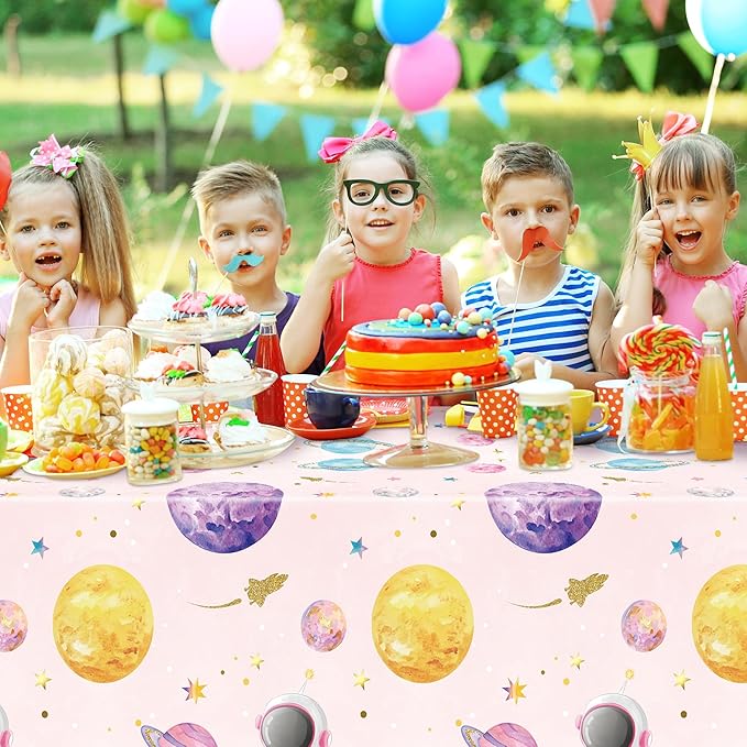 Pink Watercolor Table Cover - 3-Pack 54 X 108 Inch Pink Watercolor Outer Space Disposable Plastic Rectangle Print Table Cloth Baby Shower Kids Birthday Party Tablecloths Decoration Supplies