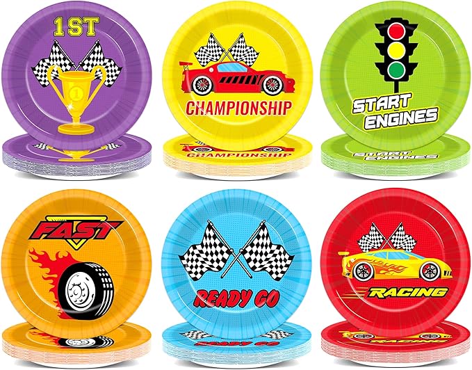 CHUNNIN 60Pcs Race Car Party Paper Plates for Party Decorations 7in Racing Sports Dessert Plates Disposable Tableware Dinnerware Set for Baby Shower Boys Birthday Racing Themed Party Supplies