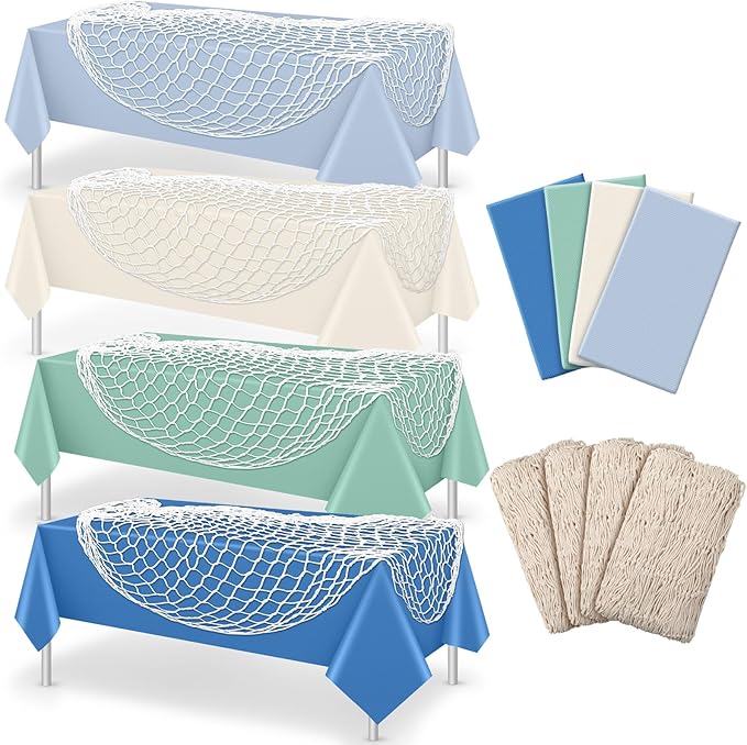 Unittype 8 Pcs Fish Net Decorative and Tablecloth Set, Cotton Fishnet and Plastic Table Cover Decorations Set for Nautical Themed Party Baby Shower Pirate Decorations Mermaid Party (Multiple Color)