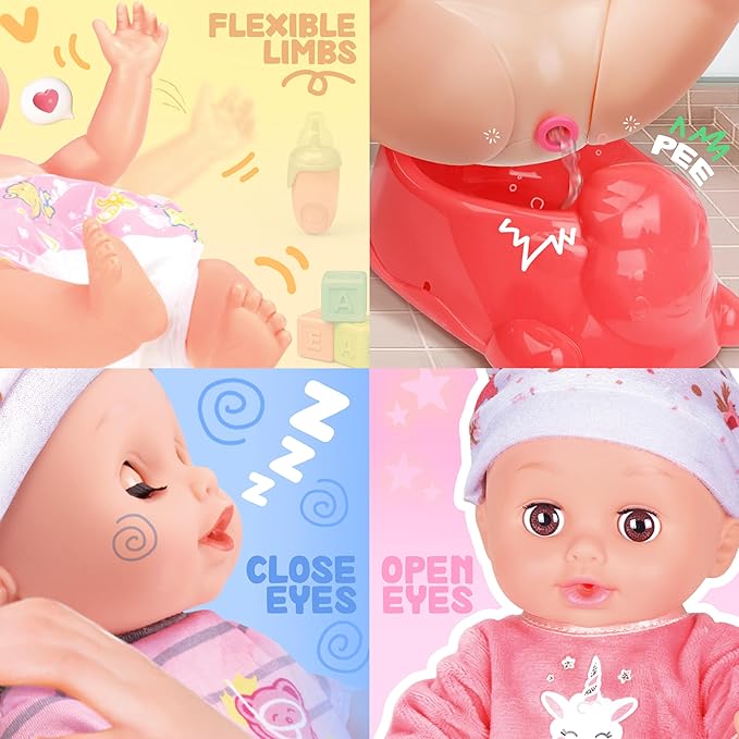 SMILESSKIDDO Baby Doll with Backpack Carrier, 14'' Realistic Dolls with Accessories, Includes Feeding Playset, Baby Care Set, Toddler Pretend Play Babydoll Toys for 1 2 3+ Year Old Kids Girls