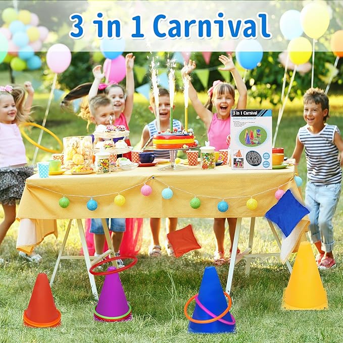 3 in 1 Carnival Outdoor Games Combo Set, Soft Plastic Cones Cornhole Bean Bags Ring Toss Games,for Kids Adults Indoor Outdoor Birthday Party Lawn Games Supplies (26 Pieces