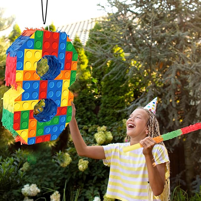 Number 8 Pinata with Blindfold and Bat Stick Building Block 8th Birthday Decorations for Kids Boys Girls Building Block Birthday Party Games Number Pinata for Fiesta