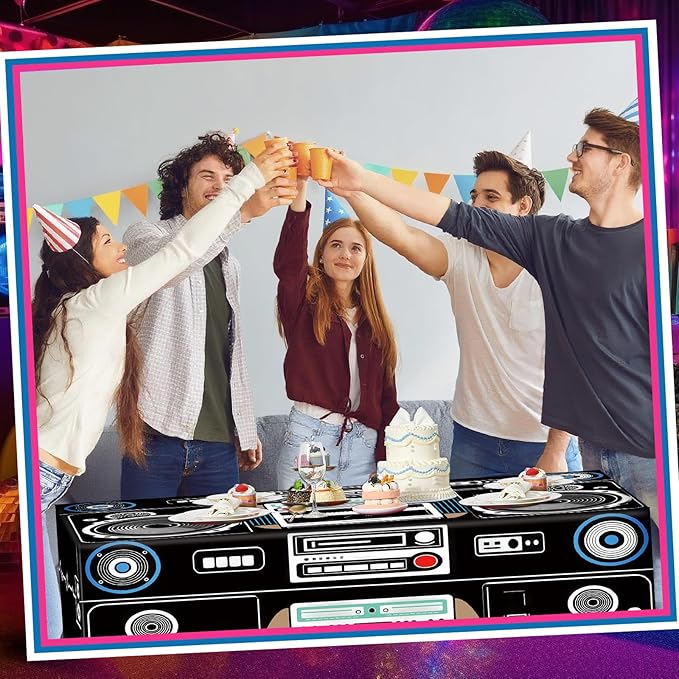 Oudain 6 FT 80s 90s Theme Tablecloth 80s Birthday Party Supplies Hip Hop Party Decoration Vintage Boom Box Tablecloth 72 x 30'' Retro Radio Table Cover Washable Fabric Polyester Rectangle Table Cover