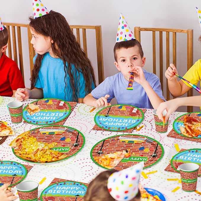 168pcs Red Brick Wall Street Birthday Party Supplies Plates Napkins Paper Cups Disposable Tableware Set Modern Cartoon Street Party Decorations for Kids Boys Birthday Decor Serves 24