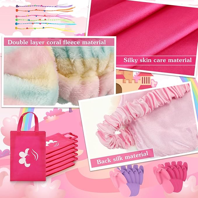 6 Set Sleepovers Teepee Tents Spa Party Robes Supplies Bulk with Inflatable Airbed and Light String, Party Supplies for Birthday Movie Spa Favors Gifts Indoor Outdoor(1 Pink,5 Rose Red)