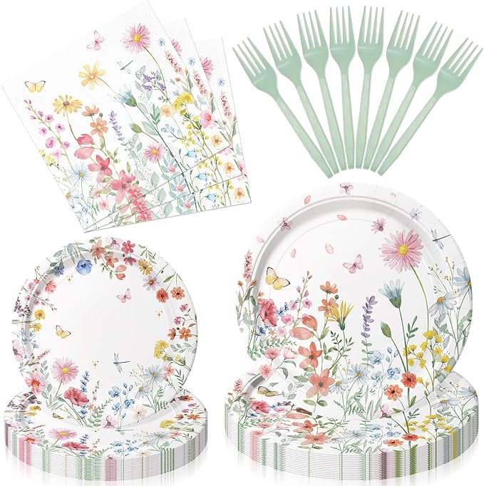 96 Pieces Spring Wildflower Floral Tableware Set – Garden Flower Disposable Plates, Napkins for Spring Birthday, Bridal Shower, Tea Party, and Mother’s Day Celebrations – Serves 24 Guests
