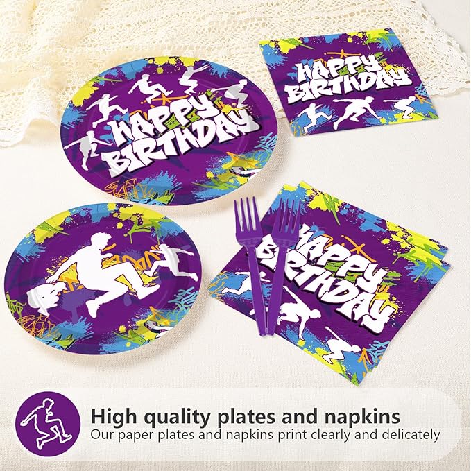 96Pcs Parkour Birthday Party Decorations Purple Happy Birthday Plates and Napkins Parkour Theme Tableware Set for Men Women Extreme Sports Run and Jump Party Supplies Serves 24