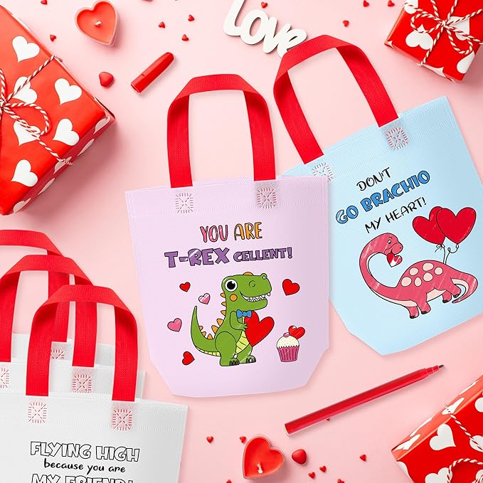 Valentine Coloring Goodie Bags for Kids - 24Pcs Dinosaur Bulk Color Your Own Gift Bags with Handle Valentine's Day Reusable Coloring Non Woven Tote Bag for DIY Craft Painting Party Favor Supplies