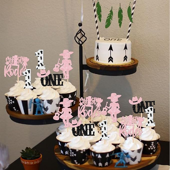24 PCS Cowgirl 1st Birthday Cupcake Toppers Glitter My 1st Rodeo First Birthday Hat Cowgirl One Cupcake Picks for Western Theme Baby Shower Kids Girls 1st Birthday Party Cake Decorations Supplies