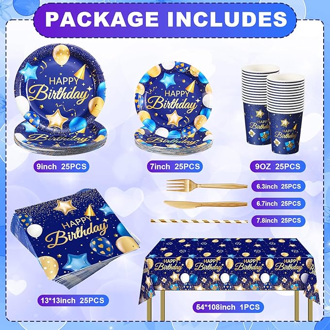 Norme 176 Pcs Navy Blue and Gold Birthday Tableware Set Birthday Decoration Includes Tablecloth Paper Plates Napkins Paper Cups Forks Knifes and Straws for 25 Guests Party Supplies (Fashion)