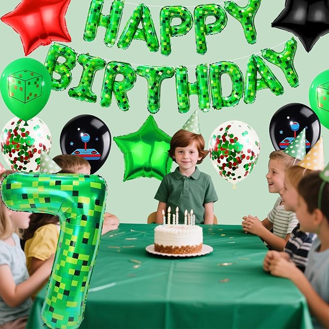 40in Pixel Number 7 Balloon Birthday Decorations, Miner Theme Foil Balloons banner Blast Gaming Party Supplies