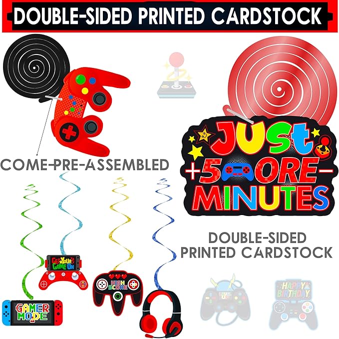umoni Video Game Birthday Hanging Swirls Red Video Game Party Decorations 20Pcs On Ceiling Streamers Gaming Birthday Party Hanging Decorations or Level Up Baby Shower Supplies