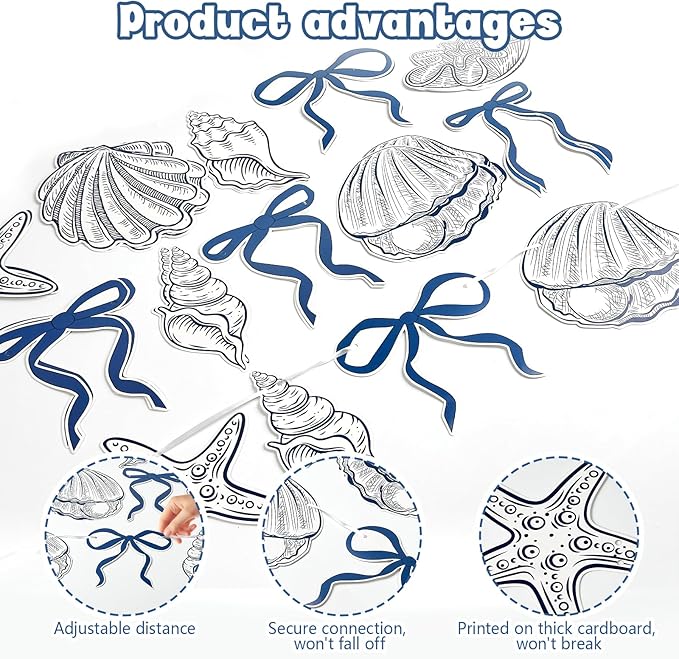 4 PACK Summer Banner Seashells Decor Party Decorations Party Supplies Birthday Decorations Blue Bow Starfish and Christmas Ornaments Under The Sea Paper Hanging Banner for Women Men Baby Showre