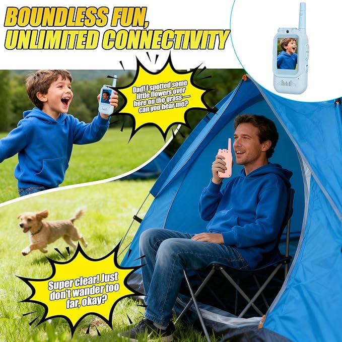 Video Walkie Talkies for Kids Pack of 2, Long Range 2 inch Screen Rechargeable Video Chat Intercom, Indoor Outdoor Voice Effects Toys for Family Games, Camping, Hiking, Gift for Boys Girls Ages 3-12