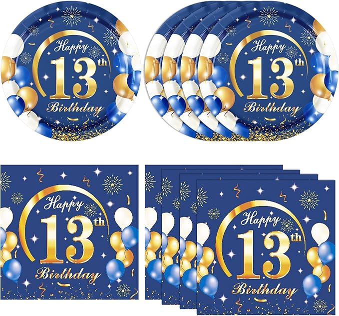 Happy Birthday Decorations for Boys13 Year Old Party Decorations Disposable Tableware Include 13th Birthday Plates and Napkins for Official Teenager 13th Birthday Party